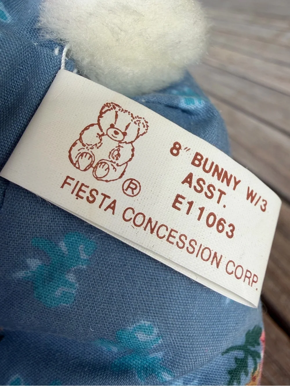 VTG Fiesta 8” Plush White Country Bunny Stuffed Animal Blue Floral Romper NOS